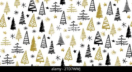 Semplice motivo minimalista degli alberi di natale su sfondo bianco. Disegno senza cuciture abete nero oro per tessuti, carta da imballaggio, Capodanno e Cristo Illustrazione Vettoriale