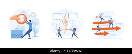Concorrenza d'affari con grandi investitori, uomini e donne che tirano corda. Concorrenza commerciale. La concorrenza aziendale imposta un'illustrazione moderna vettoriale piatta Illustrazione Vettoriale