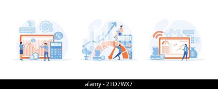 Concetto di ottimizzazione dei costi. Idea di equilibrio tra costi e reddito. Idea di strategia finanziaria e di marketing. Set per l'ottimizzazione dei costi, moderno illustr. A vettoriale piatto Illustrazione Vettoriale