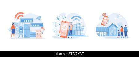 Casa intelligente, ambiente di vita intelligente, app Smart Home con sistema di controllo. Smart Home Set, illustrazione moderna a vettore piatto Illustrazione Vettoriale