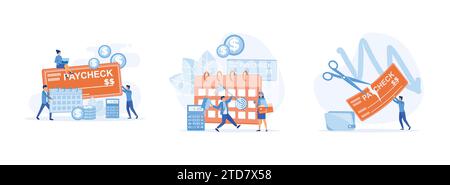 Dipendenti e calendario con giorno di paga e paycheck.calculator e piccoli uomini d'affari che ricevono uno stipendio. Boss che taglia le retribuzioni dei dipendenti dello staff. Stipendio Illustrazione Vettoriale