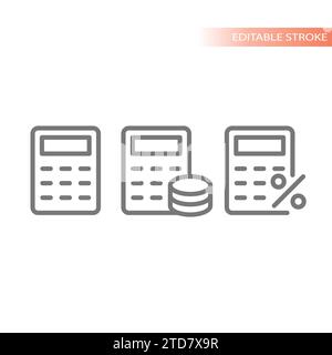 Calcolatrice con icone di simboli di percentuale e pila di monete. Set di icone vettoriali per linee di denaro, finanza e contabilità. Illustrazione Vettoriale