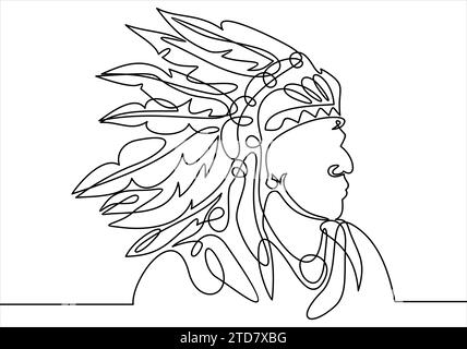 american indian-continuous line drawing Illustrazione Vettoriale