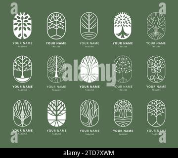 Emblema albero a forma di pillola. Albero minimo con radici e foglie, insieme di icone vettoriali per modelli di progettazione di etichette vegetali in crescita Illustrazione Vettoriale