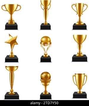 Premi d'oro. Star Achievement, trofeo d'oro classico campionario isolato set di illustrazioni vettoriali Illustrazione Vettoriale