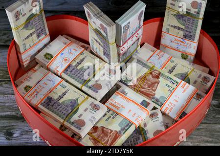 Pile e pile d'Egitto denaro migliaia di sterline banconote banconote in valuta EGP LE, tasso di cambio egiziano e status economico, concetto di moneta, Foto Stock