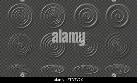 L'acqua si increspa. Onde di ripple trasparenti, cerchi a goccia di pioggia sovrapposti al set di illustrazioni vettoriali a effetto isolato Illustrazione Vettoriale