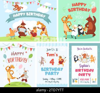 Biglietto d'auguri con animali da cartone animato. Simpatici musicisti di animali suonano la canzone di compleanno, il poster di invito per le feste danzanti e il vettore di striscione per le congratulazioni Illustrazione Vettoriale