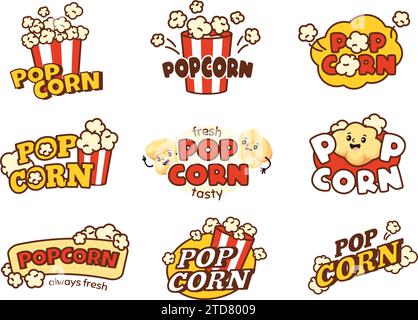 Emblema popcorn. Striscioni per snack dolci per il cinema, secchi a strisce con giocosi set vettoriale di semi di mais Illustrazione Vettoriale