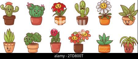 Fiore del cartone animato in mascotte. Allegro personaggio cactus, fiori sorridenti e piante di fogliame amichevoli in vasi da giardinaggio set di illustrazioni vettoriali Illustrazione Vettoriale