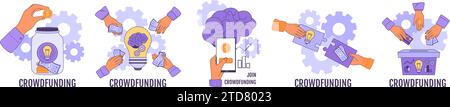 Donazione di crowdfunding. Sostegno finanziario collettivo per la startup aziendale o il progetto comunitario. Set di illustrazioni vettoriali per campagne di crowdfunding Illustrazione Vettoriale