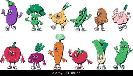 Personaggi dei cartoni animati. Melanzana, cipolla e cetriolo da passeggio. Mascotte vegetariane per broccoli, cialda di piselli, patate, aglio forte, pepe dolce Illustrazione Vettoriale