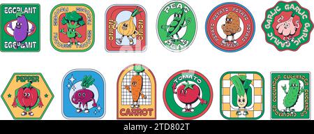 Adesivi di verdure per cartoni animati. Modelli di emblemi vegetariani con personaggi mascotte retrò degli anni '1930. Set vettoriale di etichette per la spesa Illustrazione Vettoriale