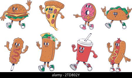 Mascotte da strada con cartoni animati. Burger Character, fetta di pizza, ciambelle e taco. Corn dog, burrito, bibite gassate e set vettoriale hot dog Illustrazione Vettoriale