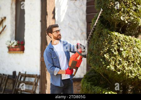 Giardinaggio maschio felice e creativo che forma la spirale di thuja con tagliasiepi sul cortile posteriore. Vista laterale di un operatore concentrato che indossa occhiali di sicurezza e guanti Foto Stock