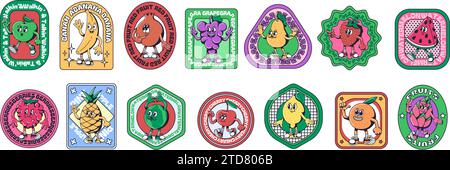 Adesivi di frutta per cartoni animati. Modello di etichetta per la spesa con personaggi mascotte della frutta degli anni '1930, set di illustrazioni vettoriali isolate con badge retrò Illustrazione Vettoriale