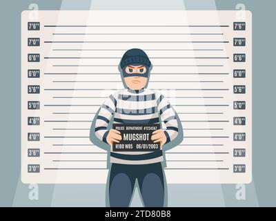 Colpo criminale. Personaggio ladro di cartoni animati in abito a righe, con un cartello con i registri del dipartimento di polizia con il numero sullo sfondo della tabella dell'altezza. Crimine e. Illustrazione Vettoriale