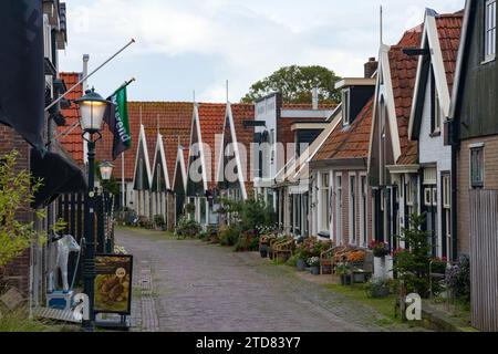 Peperstraat (Pepperstreet) con tipiche case olandesi a Oosterend sotto un cielo nuvoloso. Texel, Olanda settentrionale, Paesi Bassi Foto Stock