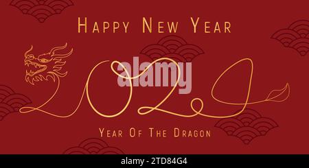 Modello di design di lusso invito per il nuovo anno 2024. Illustrazione vettoriale su sfondo a colori per biglietti d'auguri, volantini, poster. Illustrazione Vettoriale