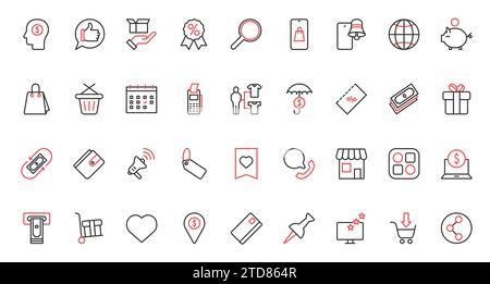Illustrazioni vettoriali icone rosse nere e sottili per l'e-commerce delle vendite del punto vendita, campagne di marketing con megafono, pianificazione del calendario, risparmio di denaro per la protezione, notifica app mobile per gli acquisti Illustrazione Vettoriale