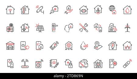 Illustrazione vettoriale, icone rosse nere e sottili, set di dispositivi smart home, tecnologia di realtà virtuale, software automatizzato per l'illuminazione autonoma per il controllo della temperatura, drone del condizionatore d'aria Illustrazione Vettoriale