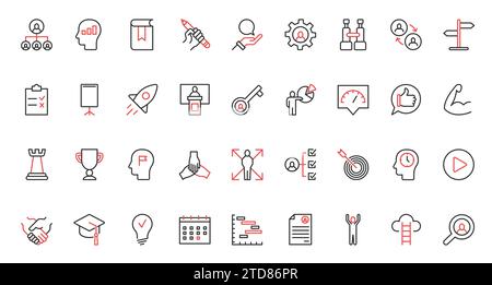 Crescita della carriera, organizzazione e consulenza in officina, consulenza, valutazione e comunicazione con l'insegnante. Mentoring, formazione per i team aziendali, icone rosse nere e di tendenza con linee sottili, illustrazioni vettoriali Illustrazione Vettoriale
