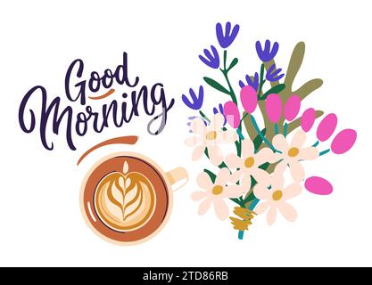 Composizione del buon mattino con caffè e fiori. Illustrazione Vettoriale