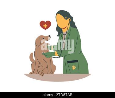 Veterinaria donna con un cane e un cuore. Illustrazione vettoriale. Illustrazione Vettoriale