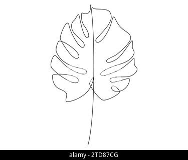 Un disegno a linea continua di foglie monstera isolate su sfondo bianco. Illustrazione Vettoriale