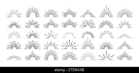 Ampia collezione di elementi di design alla moda, disegnati a mano, rétro Sunburst o bursting rays. Set di vettori di raccolta icone Sunburst. Illustrazione Vettoriale