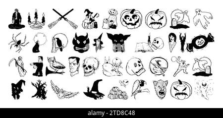 Set horror di Halloween Doodle disegnato a mano con adesivi Illustrazione Vettoriale