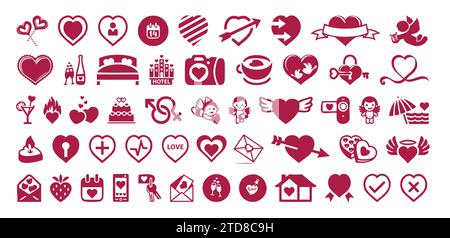Grande collezione di icone di San Valentino. Simboli rossi e bianchi. Illustrazione vettoriale. Illustrazione Vettoriale