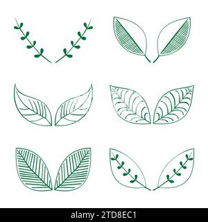 Collezione di icone Tropical Organic Leaves in Doodle Style sottile line. Illustrazione Vettoriale