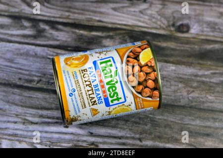 Cairo, Egitto, 13 dicembre 2023: Conserve di Harvest Foods ricetta egiziana con olio vegetale, cumino, limone, fave medammi, fibre proteiche, fave Foto Stock