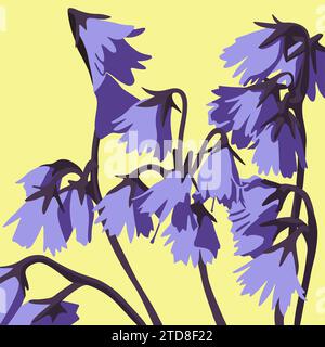 Illustrazione vettoriale isolata dei fiori bluebell su sfondo giallo. Illustrazione Vettoriale