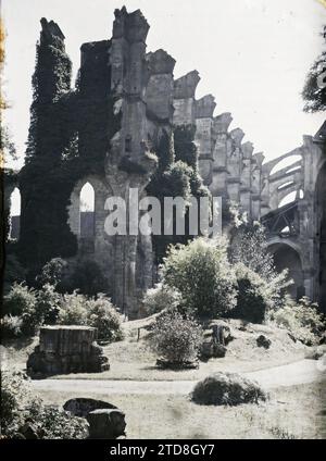 Longpont, Aisne, Francia i resti dell'antica abbazia cistercense fondata nel 1132, prima guerra mondiale, Habitat, architettura, Chiesa, rovine, bombardamento, arco, arcade, arco, parco, giardino, architettura religiosa, Francia, Longpont, rovine di Longpont Abbey, Longpont, 01/06/1917 - 30/06/1917, Cuville, Fernand, 1917 - Aisne - Fernand Cuville (sezione fotografica dell'esercito) - (mai-luglio), Autochrome, Photo, Glass, Autochrome, foto, positivo, verticale, dimensioni 9 x 12 cm Foto Stock