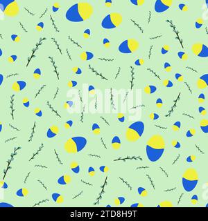 Motivo pasquale con ramoscelli di salice e uova di Pasqua nei colori della bandiera Ucraina. Illustrazione Vettoriale