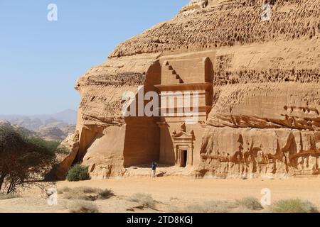 Turista che scatta una foto di una tomba Nabatea scavata nella roccia a Hegra in Arabia Saudita Foto Stock