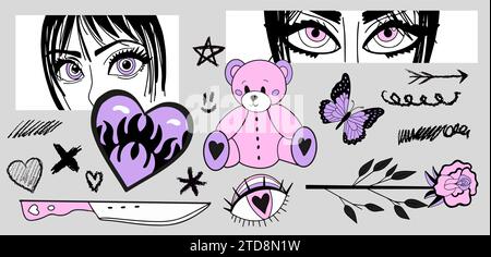 Set di clipart rosa y2k. Anime Girls, testa di ariete, cuore manga retro Y2K stile kawaii. Vettore Illustrazione Vettoriale