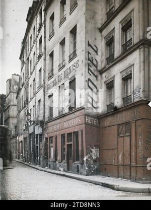 Parigi (ve arr.), Francia Rue St-Julien-le-Pauvre, registrazione, informazioni, alloggi, architettura, attività economica, registrazione commerciale, via, Distretto, ristoranti, alberghi, Francia, Parigi, Rue St Julien le Pauvre, Arrondissement V, 05/10/1918 - 05/10/1918, Léon, Auguste, fotografo, Autochrome, foto, vetro, Autochrome, foto, positivo, verticale, dimensioni 9 x 12 cm Foto Stock