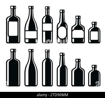 Icone delle bottiglie di bevande alcoliche. Vino, champagne, birra, whisky, liquore duro. Illustrazione vettoriale in bianco e nero semplice ed elegante. Illustrazione Vettoriale