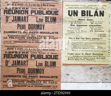 Parigi, Francia poster del Partito socialista (SFIO) per le elezioni legislative del novembre 1919, registrazione, informazione, vita politica, poster, partito politico, elezione, investitura, socialismo, comunismo, Francia, Parigi, manifesti per le elezioni legislative, Parigi, 13/11/1919 - 13/11/1919, Léon, Auguste, fotografo, Autochrome, foto, vetro, Autochrome, foto, positivo, orizzontale, dimensioni 9 x 12 cm Foto Stock