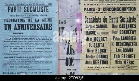 Parigi, Francia poster del Partito socialista (SFIO) per le elezioni legislative del novembre 1919, HD, registrazione, informazione, vita politica, esiste in alta definizione, poster, partito politico, elezione, investitura, socialismo, comunismo, Francia, Parigi, manifesti per le elezioni legislative, Parigi, 13/11/1919 - 13/11/1919, Léon, Auguste, fotografo, Autochrome, foto, vetro, Autochrome, foto, positivo, orizzontale, dimensioni 9 x 12 cm Foto Stock