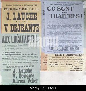 Parigi, Francia poster del Partito socialista (SFIO) per le elezioni legislative del novembre 1919, registrazione, informazione, vita politica, poster, partito politico, elezione, investitura, socialismo, comunismo, Francia, Parigi, manifesti per le elezioni legislative, Parigi, 14/11/1919 - 14/11/1919, Léon, Auguste, fotografo, Autochrome, foto, vetro, Autochrome, foto, positivo, verticale, dimensioni 9 x 12 cm Foto Stock