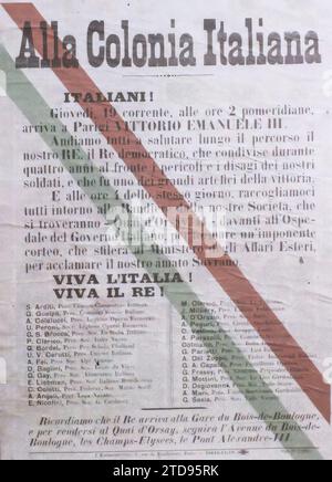 Parigi, Francia poster rivolto agli italiani per l'arrivo del re Vittorio Emanuele III a Parigi giovedì 19 dicembre 1918, personalità, relazioni internazionali, registrazione, informazioni, personalità della nobiltà, viaggio ufficiale, poster, Alleati, Francia, Paris, Italian Colony poster, Paris, Italia [in connessione con], 01/12/1918 - 31/12/1918, Léon, Auguste, fotografo, Autochrome, foto, vetro, Autochrome, foto, positivo, verticale, dimensioni 9 x 12 cm Foto Stock