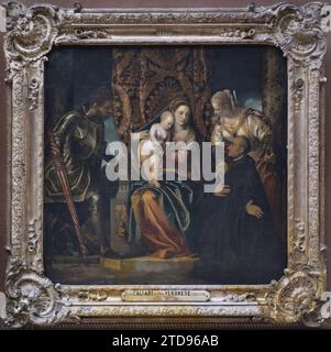 Parigi (1° arr.), Francia la Vergine con bambino tra Santa Giustina e San Giorgio, con un benedettino inginocchiato, Veronese, Museo del Louvre, religione, Arte, museo, Cristianesimo, Pittura, Francia, Parigi, museo del Louvre: la Sacra famiglia (Veronese), Louvre, 28/06/1920 - 28/06/1920, Léon, Auguste, fotografo, Autochrome, foto, vetro, Autochrome, foto, positivo, verticale, dimensioni 9 x 12 cm Foto Stock