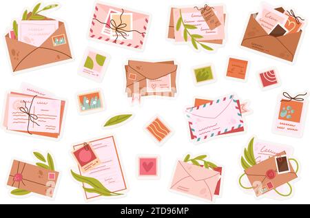 Buste vintage aperte e chiuse con stickers francobolli set con disegno floreale boho illustrazione vettoriale. Cartoon foglia su carta lettera, composizione romantica per biglietto d'auguri. Concetto di corrispondenza Illustrazione Vettoriale