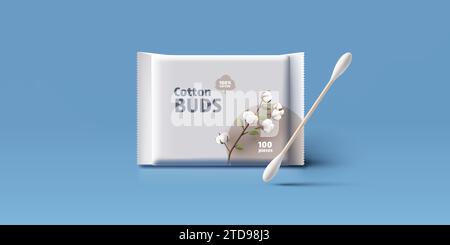 Design del pacchetto di tamponi di cotone con fioritura di fiori di cotone 3d e campione di batuffolo di cotone, cosmetici ecologici, islated Illustrazione Vettoriale