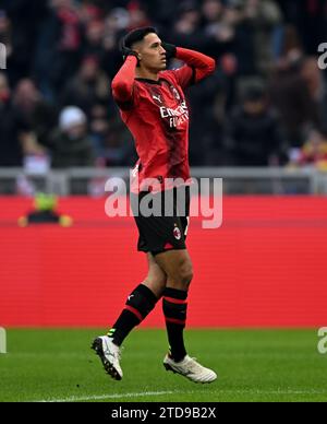 Milano, Italia. 17 dicembre 2023. Tijjani Reijnders del Milan festeggia il suo gol durante la partita di serie A tra il Milan e Monza a Milano, Italia, il 17 dicembre 2023. Credito: Alberto Lingria/Xinhua/Alamy Live News Foto Stock