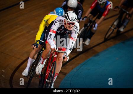 AUGENSTEIN Moritz ( GER ) – RSC Kempten – Querformat - quer - orizzontale - paesaggio - evento/Veranstaltung: DM Omnium 2023 - Deutsche Meisterschaft - categoria/Kategorie: Ciclismo - ciclismo su pista - Campionato Nazionale Omnium - Elite Men - Location/Ort: Europa – Germania - Brandeburgo - Märkisch Oderland - Francoforte Oder - Oderlandhalle - disciplina: Omnium - distanza: . M - Data/riferimento: 16.12.2023 - sabato - giorno 2 - fotografo: © Arne Mill - frontalvision.com Foto Stock